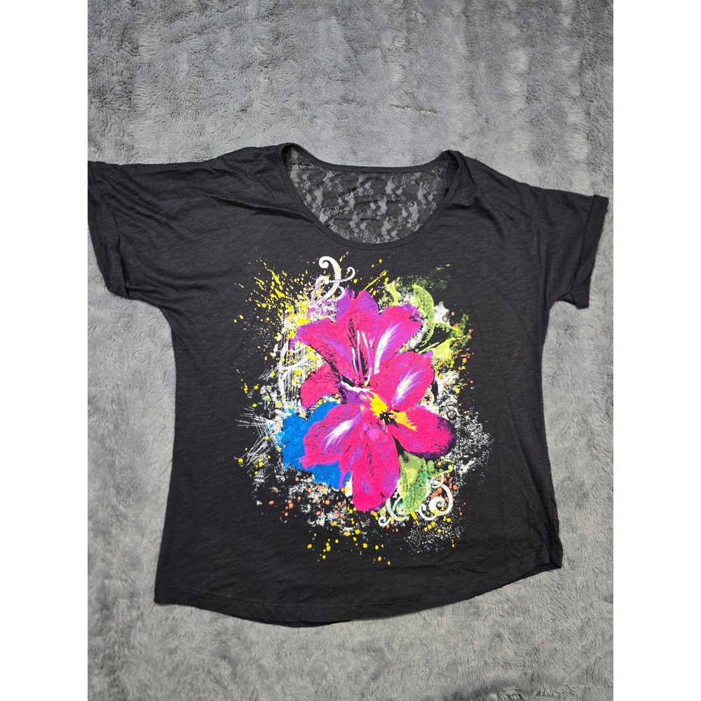 Maurices Womens Plus Size 1‎ Floral Graphic Tee Black Lace Back Hibiscus Shirt